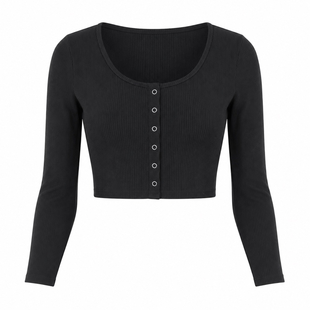 Forever 21 Black Ribbed Long Sleeve Snap Front Crop Top Small Bella goth grunge